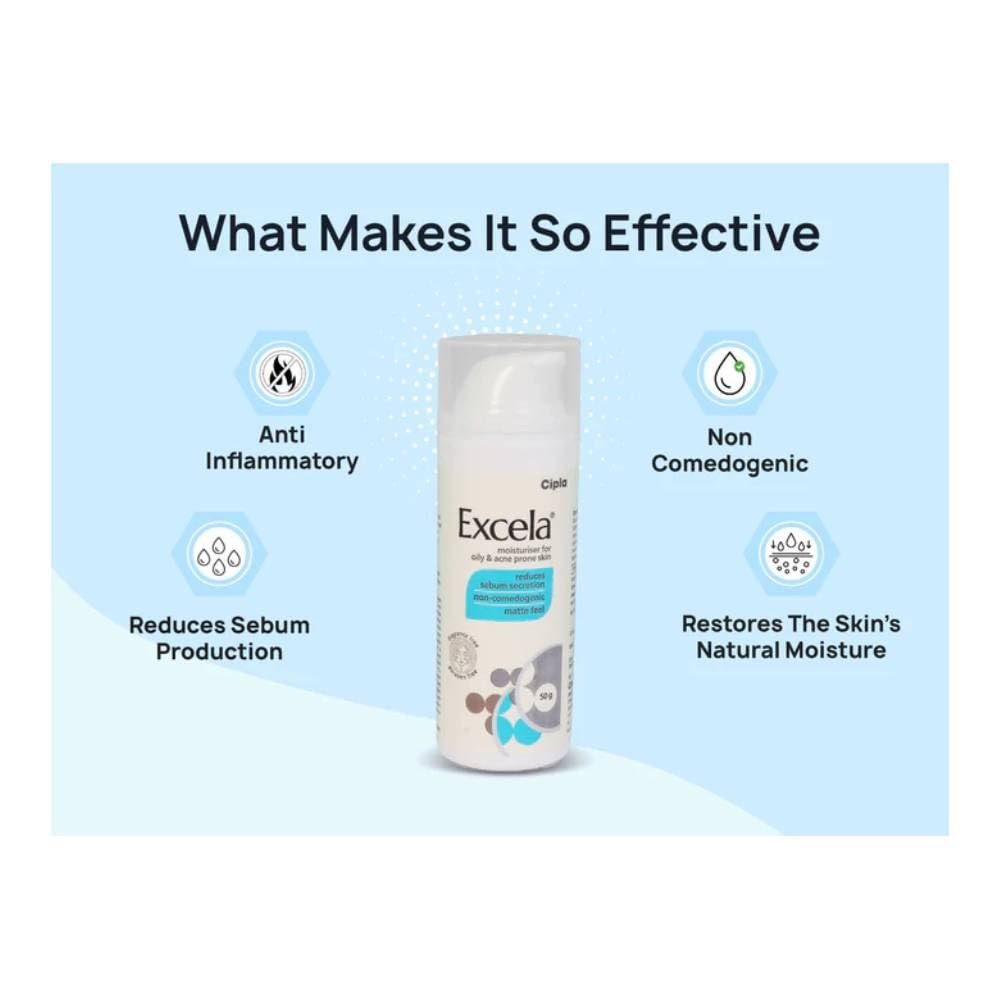 Excela Moisturiser for Oily & Acne Prone Skin | Non-Comedogenic | Fragrance & Paraben Free Face Care Product 50gm