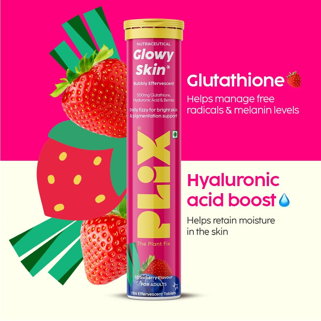 PLIX - THE PLANT FIX Glutathione Effervescent Tablets for Clear, Glowing & Youthful Skin | 500mg Glutathione, Vit E & Hyaluronic Acid | No Maltodextrin, No Sugar | Pack of 1 (15 tabs) | Strawberry