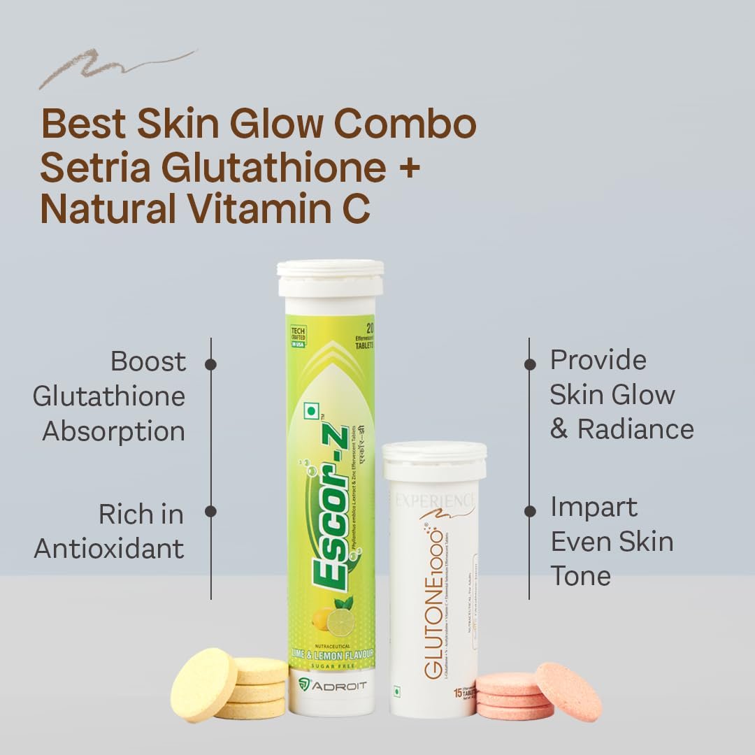 Glutone 1000 & Escor-Z Combo Pack| Setria L-Glutathione, Vitamin C Effervescent Tablets| Healthy Skin| 15 (1) + 20 (1) Tablets (Lemon Flavour)