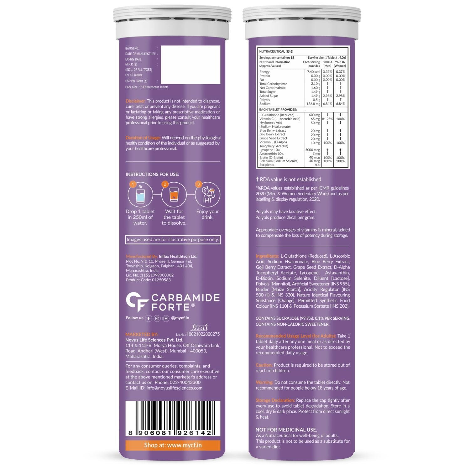 Carbamide Forte Japanese Reduced L Glutathione Supplements Effervescent Tablet 600mg | L Glutathione Tablets ( Pack of 2 )