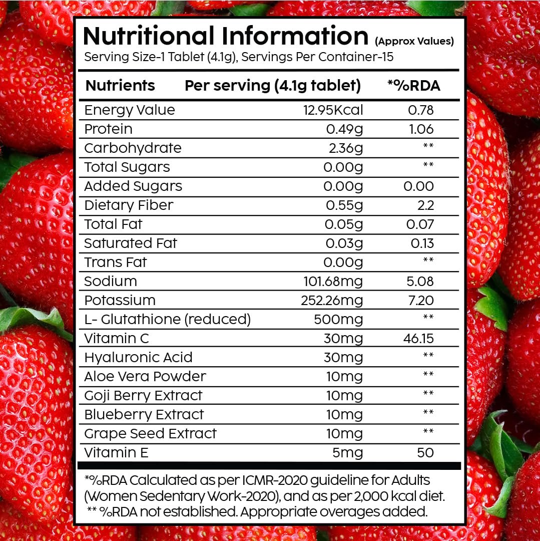 PLIX - THE PLANT FIX Glutathione Effervescent Tablets for Clear, Glowing & Youthful Skin | 500mg Glutathione, Vit E & Hyaluronic Acid | No Maltodextrin, No Sugar | Pack of 1 (15 tabs) | Strawberry