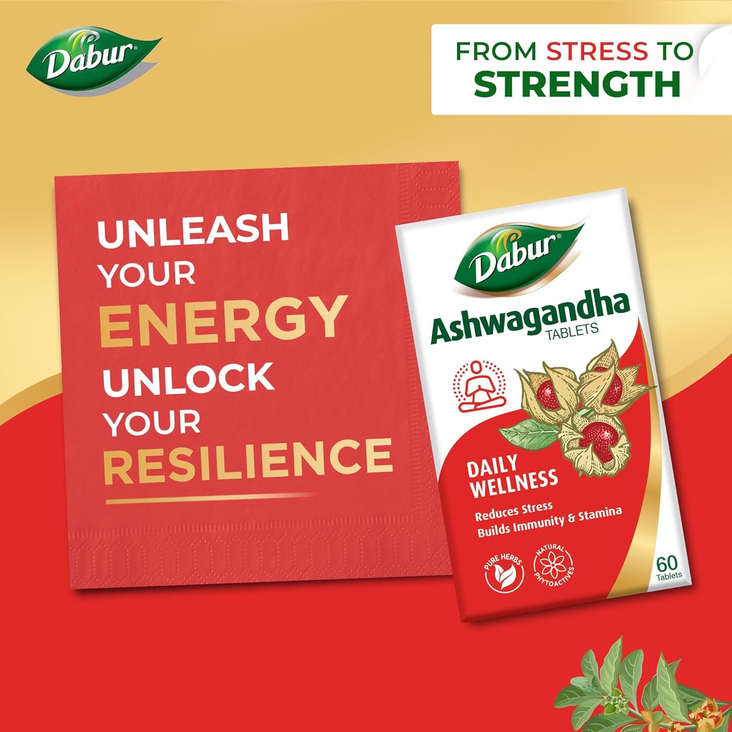 Dabur Ashwagandha Tablet | General Wellness Tablets | Stress Relief | Rich in Antioxidants | Immunity Booster | Rejuvenates Body 60 tablets