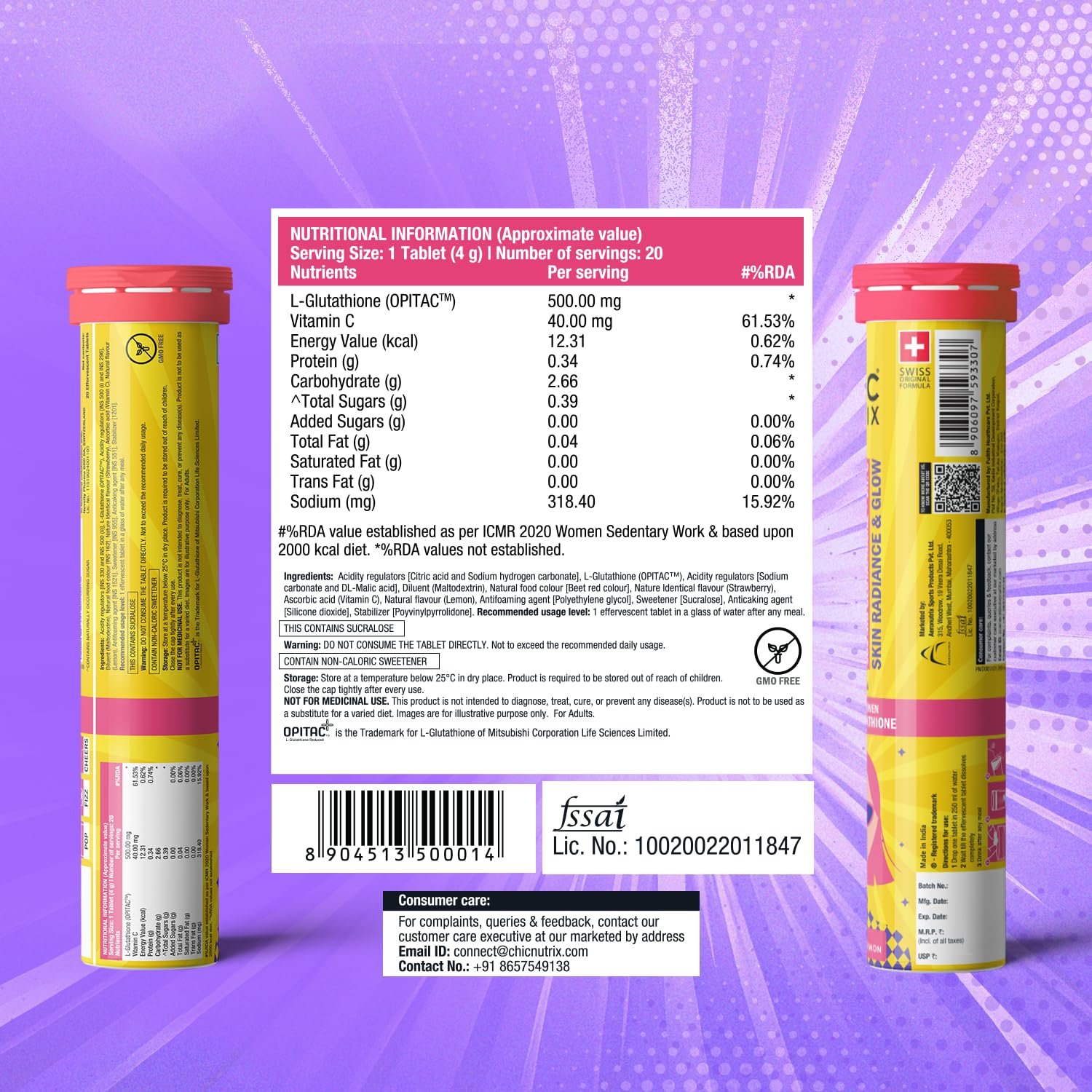 Chicnutrix Glow Japanese Glutathione 500mg OPITAC with Vitamin C Effervescent Tablets | Antioxidant, Detox & Skin Glow Support | Non-GMO, Vegan, Sugar-Free | Strawberry Lemon Flavor | 20 Tablets