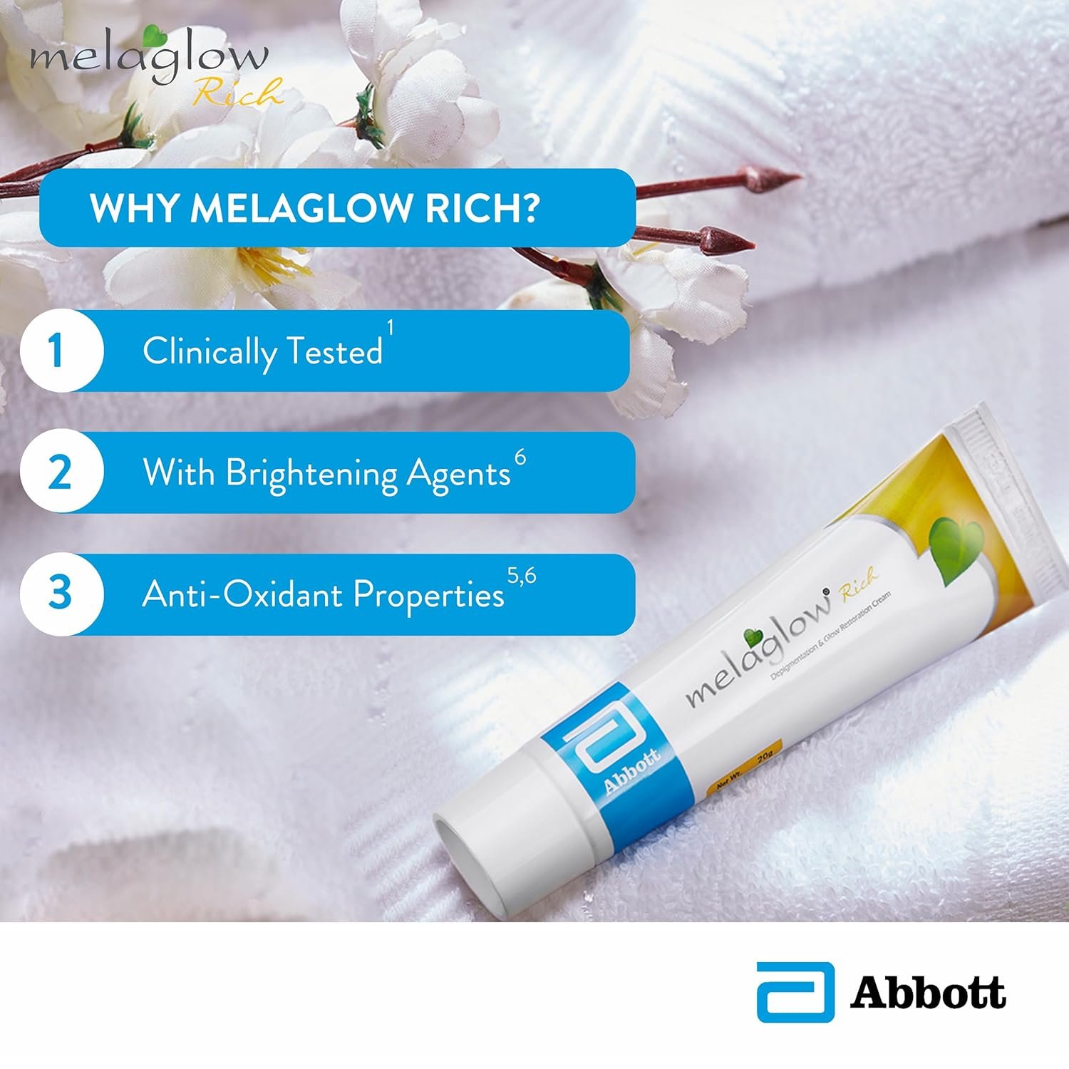 MELAGLOW Rich Depigmentation and Glow Restoration, Skin Brightening and Lightening Cream 20gm