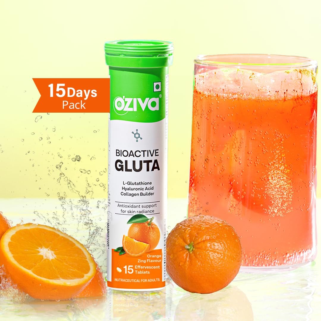 OZiva Bioactive Glutathione Tablets for Radiant Skin - 15 Effervescent Tablets (Pack of 1) | L-Glutathione, Hyaluronic Acid, Lycopene, Vitamin C For Skin Glow & Anti-Pigmentation | Orange