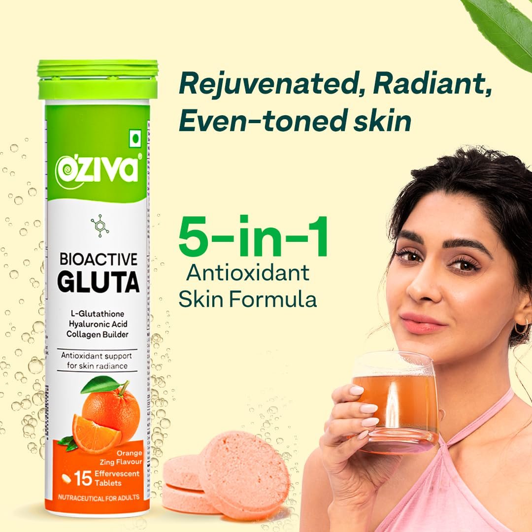 OZiva Bioactive Glutathione Tablets for Radiant Skin - 15 Effervescent Tablets (Pack of 1) | L-Glutathione, Hyaluronic Acid, Lycopene, Vitamin C For Skin Glow & Anti-Pigmentation | Orange