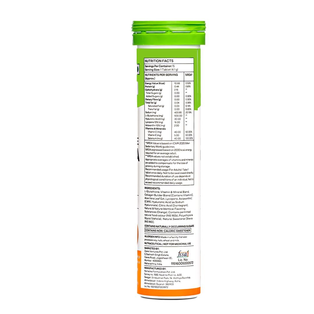 OZiva Bioactive Glutathione Tablets for Radiant Skin - 15 Effervescent Tablets (Pack of 1) | L-Glutathione, Hyaluronic Acid, Lycopene, Vitamin C For Skin Glow & Anti-Pigmentation | Orange