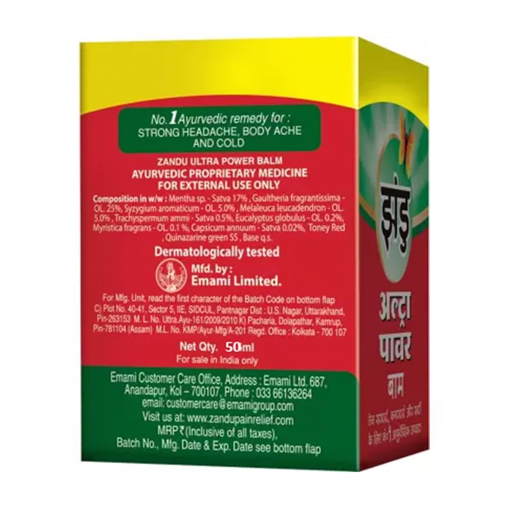 Zandu Ultra Power Balm | For Pain Relief from Strong Headache, Bodyaches & Cold 50ml