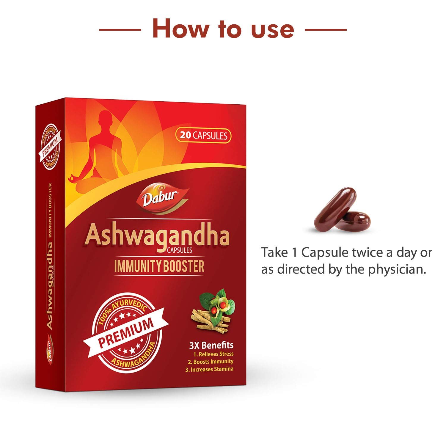Dabur Ashwagandha Capsules Immunity Booster 100% Ayurvedic Relieves Stress & Increases Stamina Immunity Booster 20 Capsules