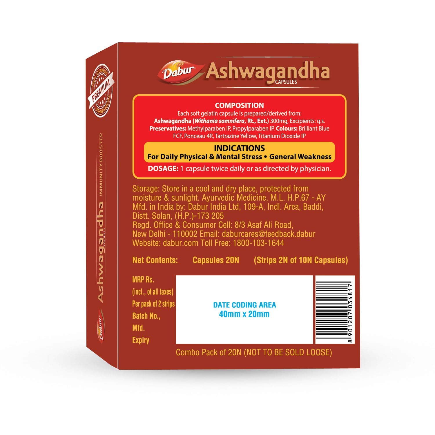 Dabur Ashwagandha Capsules Immunity Booster 100% Ayurvedic Relieves Stress & Increases Stamina Immunity Booster 20 Capsules