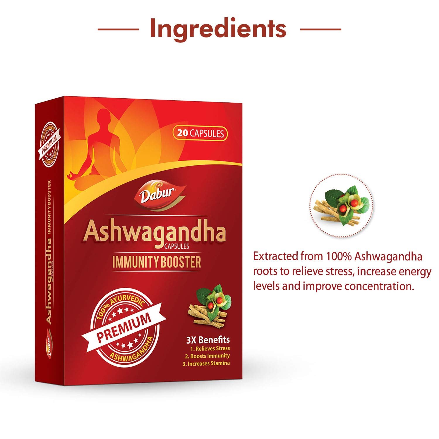 Dabur Ashwagandha Capsules Immunity Booster 100% Ayurvedic Relieves Stress & Increases Stamina Immunity Booster 20 Capsules