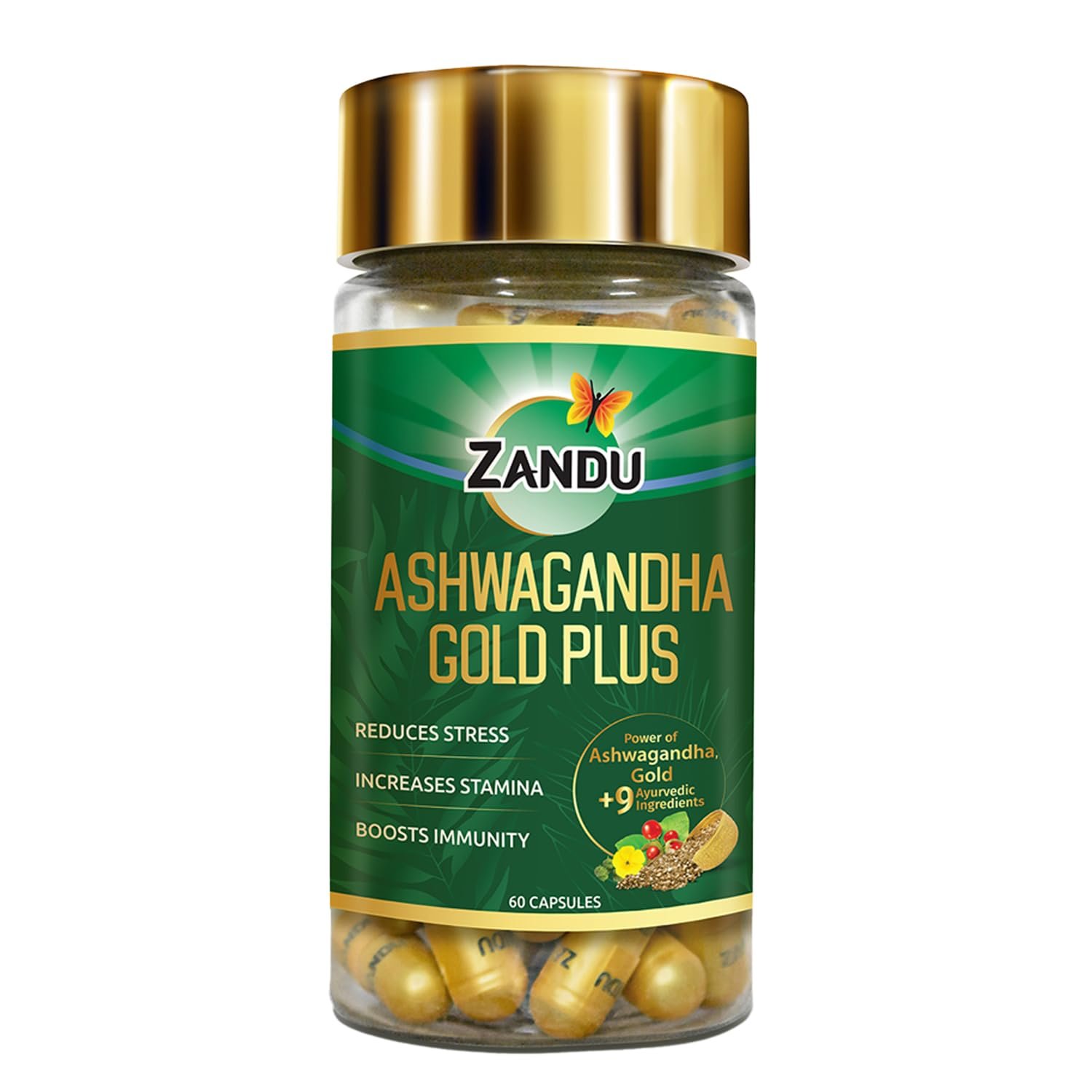 Zandu Ashwagandha Gold Plus I Reduces Stress & Cortisol, Improves Sleep and Muscle Recovery 60 Capsules