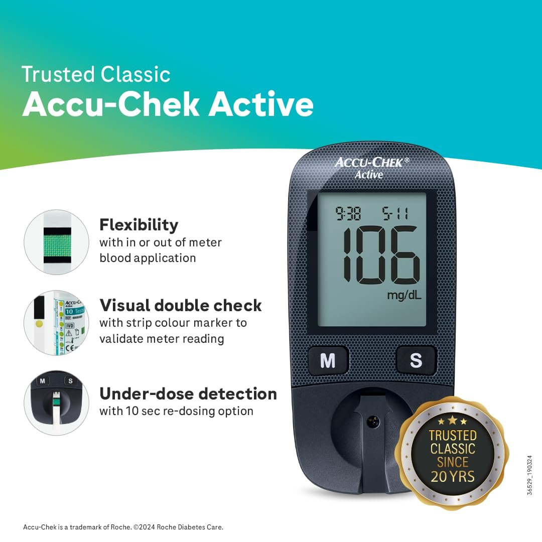 Accu-Chek Active Blood Glucose Glucometer Kit with Vial of 10 Strips, 10 Lancets and a Lancing device