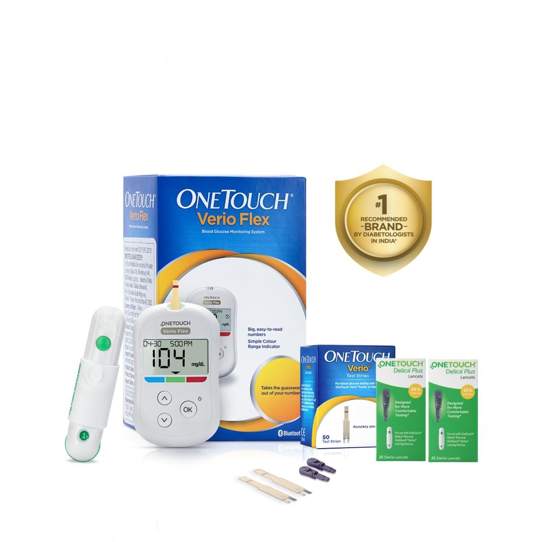 OneTouch Verio Flex glucometer with 50 Test Strips & 50 additional lancets (total 60 sterile lancets) | Sync your results with OneTouch Reveal mobile app| Simple & accurate testing of blood sugar
