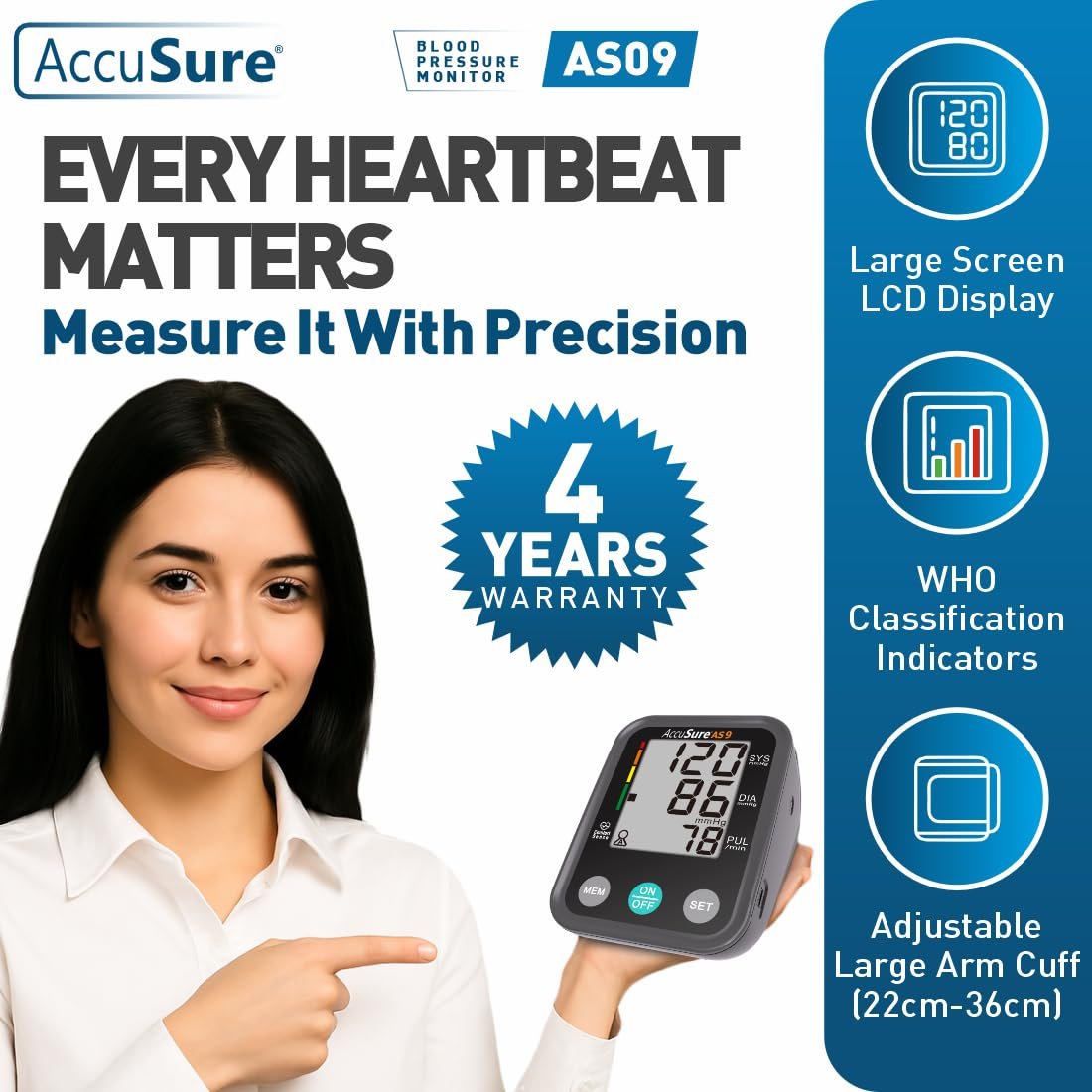 AccuSure Fully Automatic Digital Blood Pressure Monitor With Large Display, Most Advance Technology & Accurate Measurement - Arm Circumference (22-36Cm) Type-C USB power port, 4-Year Warranty