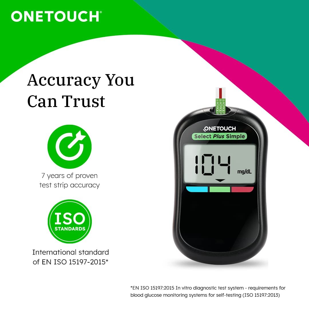 OneTouch Select Plus Simple glucometer machine with 10+50 Test Strips & 50 additional Ultrasoft 2 Lancets (total 60 lancets) | Simple & accurate testing of Blood sugar level at home
