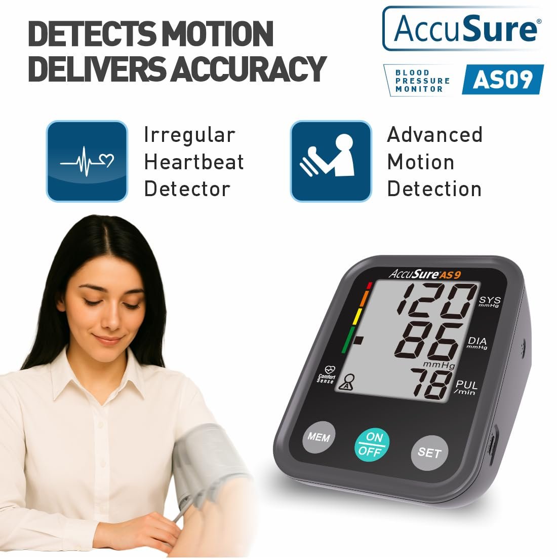 AccuSure Fully Automatic Digital Blood Pressure Monitor With Large Display, Most Advance Technology & Accurate Measurement - Arm Circumference (22-36Cm) Type-C USB power port, 4-Year Warranty
