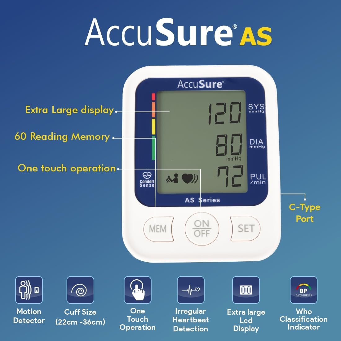 AccuSure AS Series Automatic and Advance Feature Arm Blood Pressure Monitoring System, White