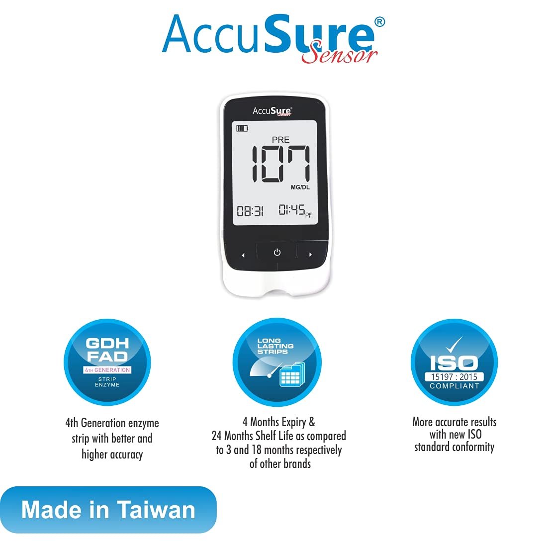 AccuSure Sensor Glucometer Machine with 25 Test Strips & 10 Lancets, Multicolor
