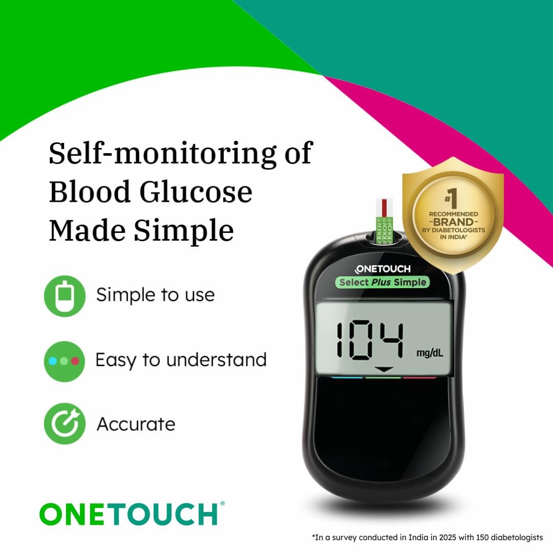 OneTouch Select Plus Simple glucometer machine with 10+50 Test Strips & 50 additional Ultrasoft 2 Lancets (total 60 lancets) | Simple & accurate testing of Blood sugar level at home