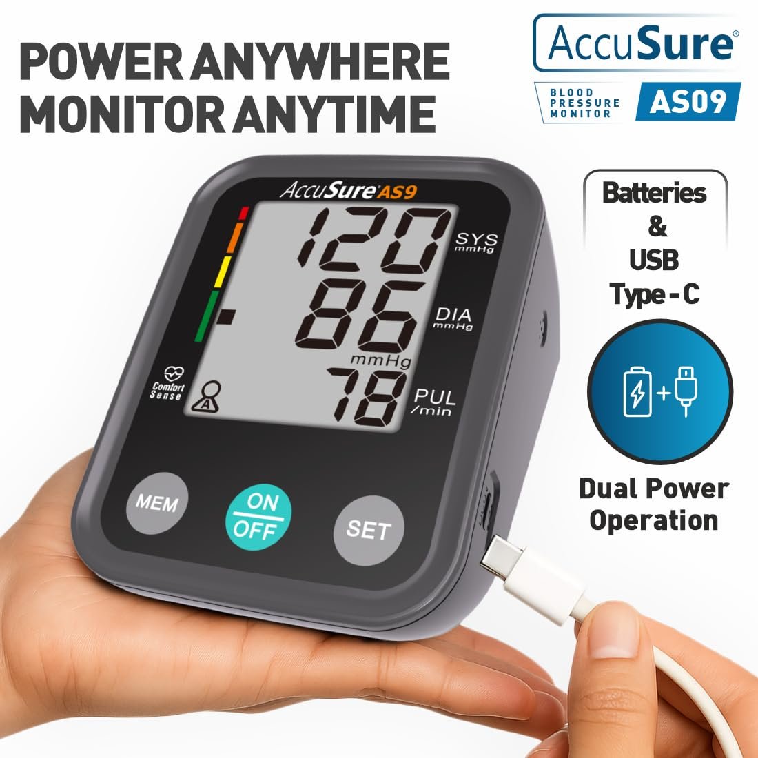 AccuSure Fully Automatic Digital Blood Pressure Monitor With Large Display, Most Advance Technology & Accurate Measurement - Arm Circumference (22-36Cm) Type-C USB power port, 4-Year Warranty