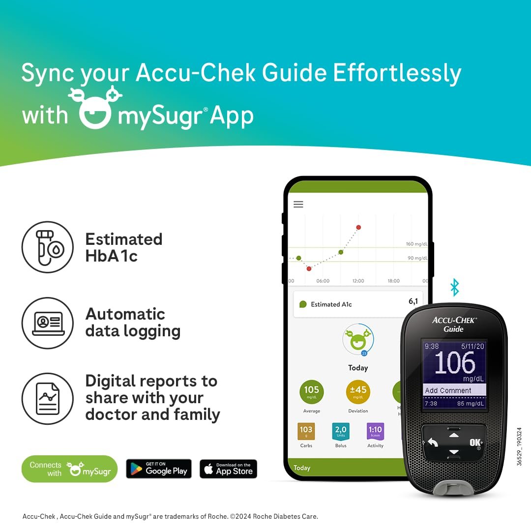 Accu-Chek Guide Blood Glucose Glucometer (with Bluetooth) Kit with Vial of 10 Strips, 10 Lancets