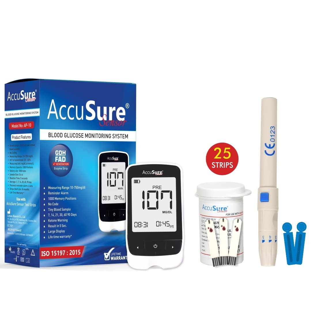 AccuSure Sensor Glucometer Machine with 25 Test Strips & 10 Lancets, Multicolor