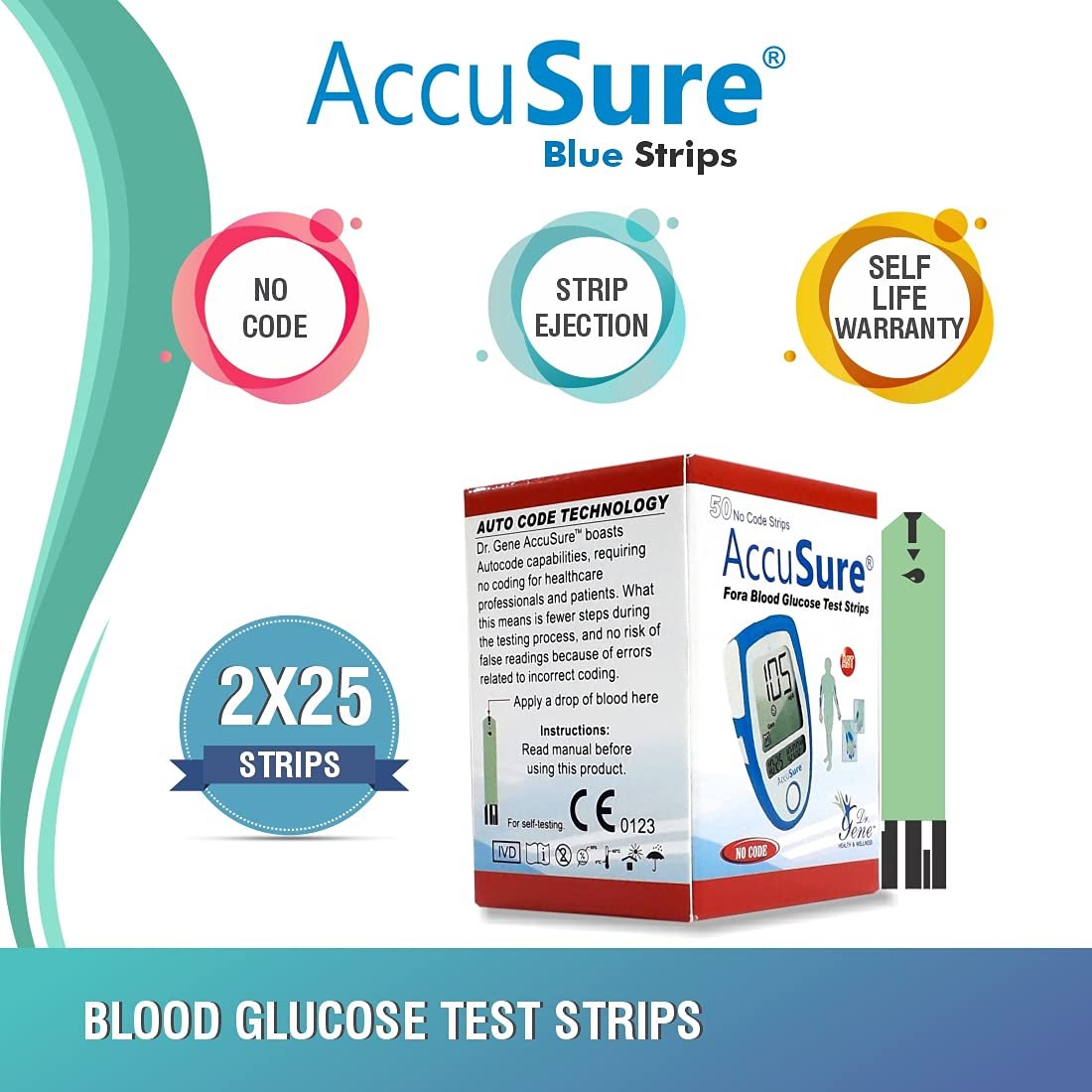 AccuSure Blue Glucometer Test Strips, 50 Glucometer Strips