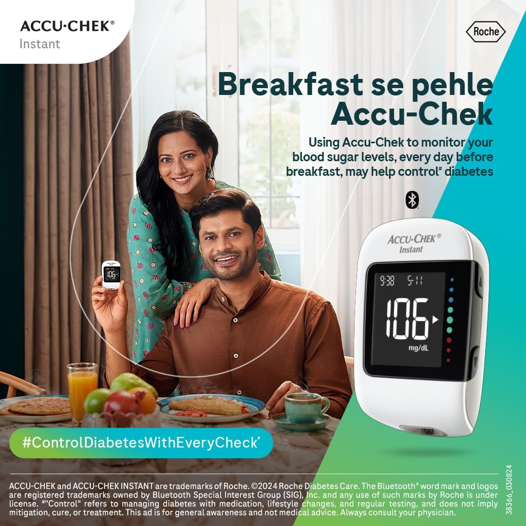 Accu-Chek Instant Blood Glucose Glucometer (with Bluetooth) with Vial of 10 Strips, 10 Lancets
