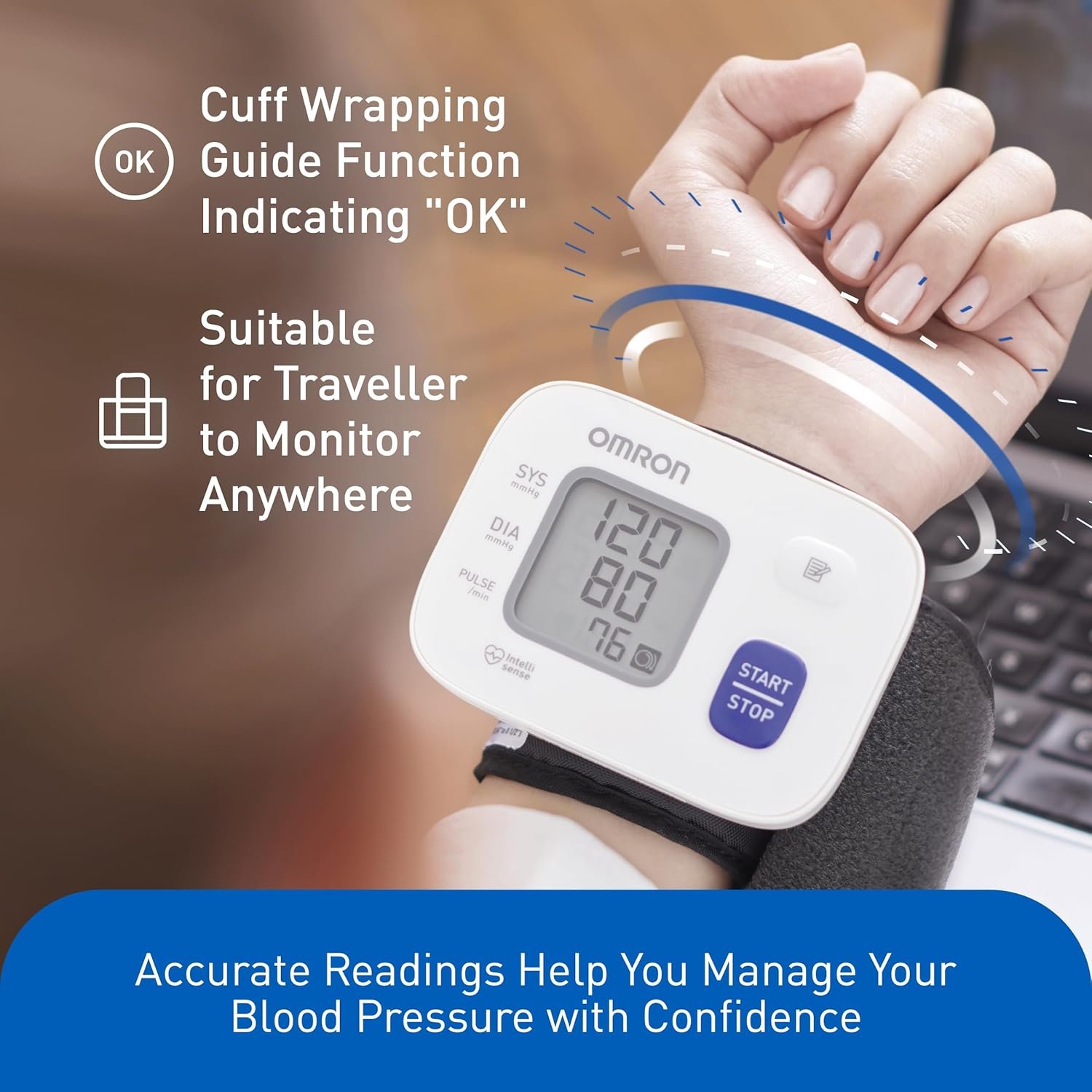 Omron HEM 6161 Fully Automatic Wrist Blood Pressure Monitor with Intellisense Technology, Cuff Wrapping Guide and Irregular Heartbeat Detection for Most Accurate Measurement (White)