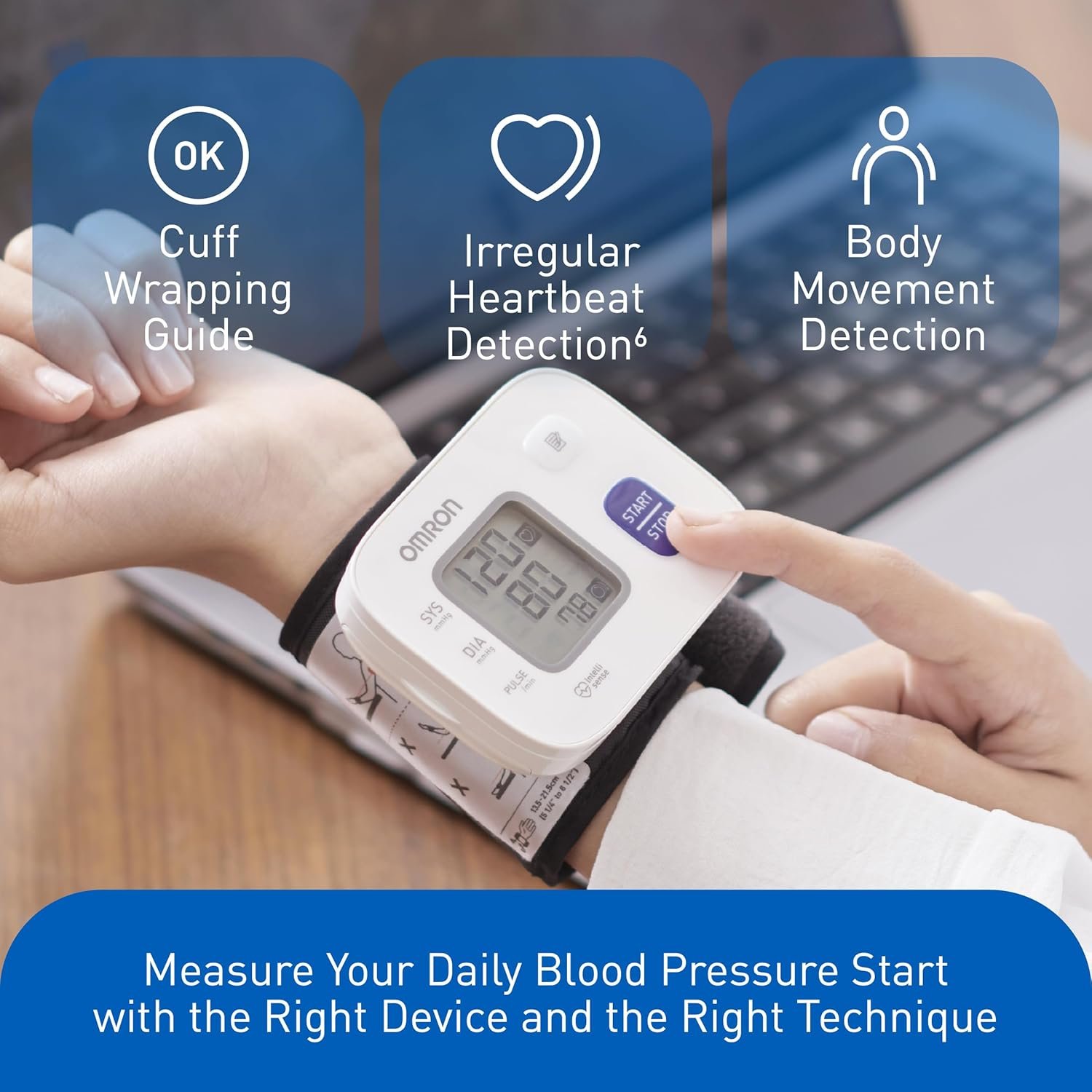 Omron HEM 6161 Fully Automatic Wrist Blood Pressure Monitor with Intellisense Technology, Cuff Wrapping Guide and Irregular Heartbeat Detection for Most Accurate Measurement (White)