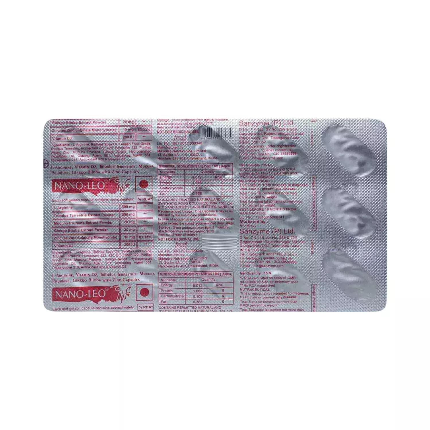Nano-Leo Capsule with L-Arginine, Vitamin D3, Ginkgo & Zinc 15 soft gelatin capsules